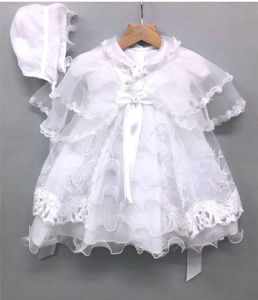 Christening dress with matching cape, lace and ribbon detail 7123