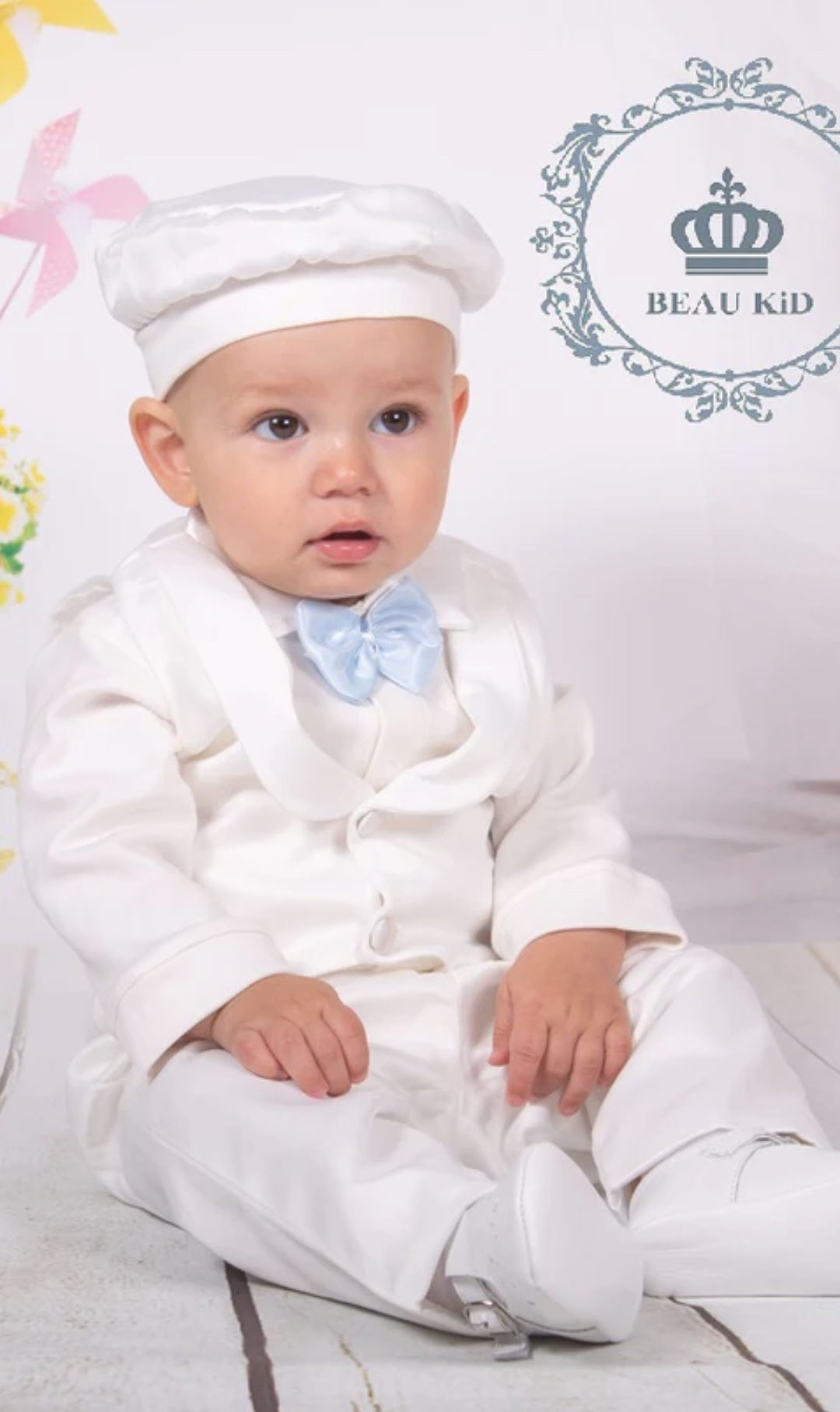 Baby boy white set with sky blue bow tie and waist detail, with matching hat 5008