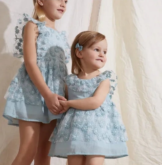 Floral embroidery tull detail dress and pant set.                      MATCHING BIG SISTER LITTLE SISTER DRESS
