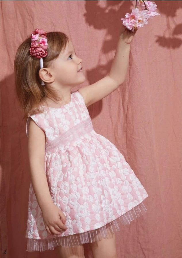 Pink brocade cotton fabric dress with pants.                                      MATCHING BIG SISTER DRESS