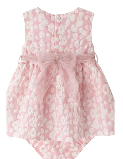 Pink brocade cotton fabric dress with pants.                                      MATCHING BIG SISTER DRESS