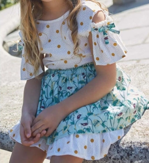 Baby girls green floral dress with yellow polka detail and pants.       MATCHING BIG SISTER SKIRT AND BLOUSE OUTFIT.