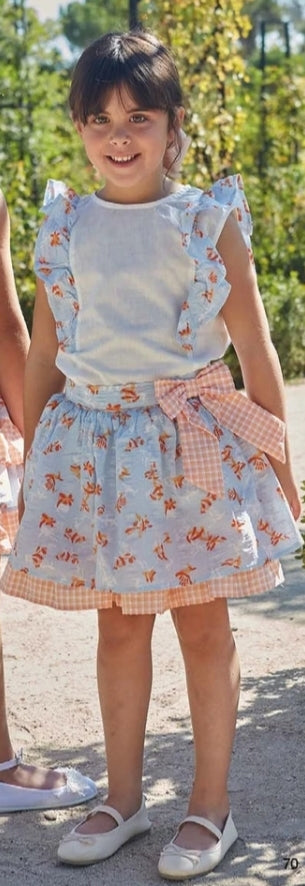 Girls floral and orange  summer skirt and blouse set. MATCHING LITTLE SISTER DRESS