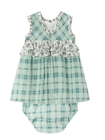 Baby girls green checked dress and pants.       MATCHING BIG SISTER SKIRT AND BLOUSE OUTFIT and LITTLE BROTHER OUTFIT