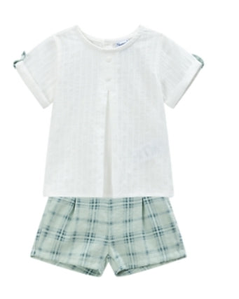 Girls cream blouse and green checked summer skirt set . MATCHING LITTLE SISTER DRESS and LITTLE BROTHER OUTFIT