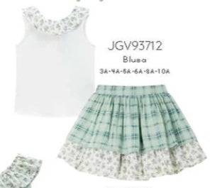 Girls cream blouse and green checked summer skirt set . MATCHING LITTLE SISTER DRESS and LITTLE BROTHER OUTFIT