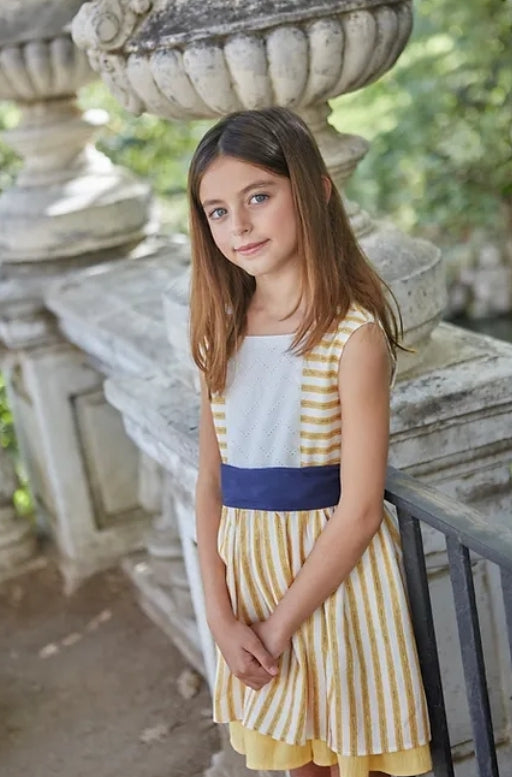 Girls striped yellow dress with navy bow