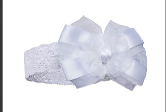 White lace headband with satin bow