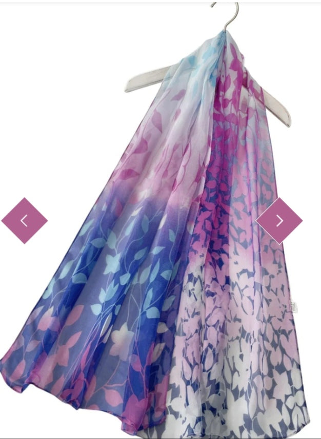 Colourful ombre leaf print chiffon scarf