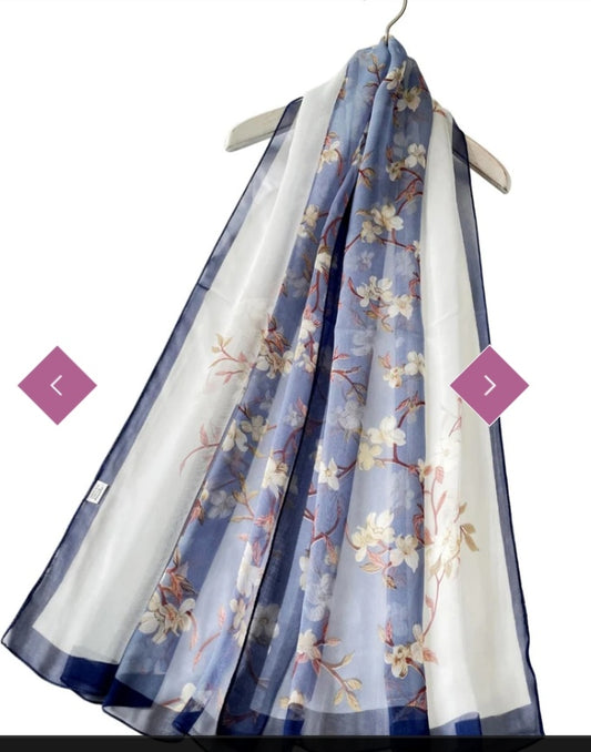 Two tone elegant floral print chiffon scarf powder blue