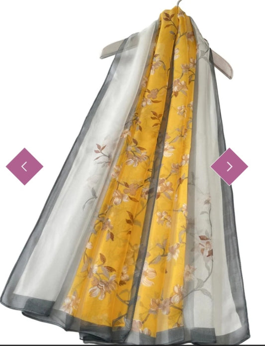 Two tone elegant floral print chiffon scarf mustard