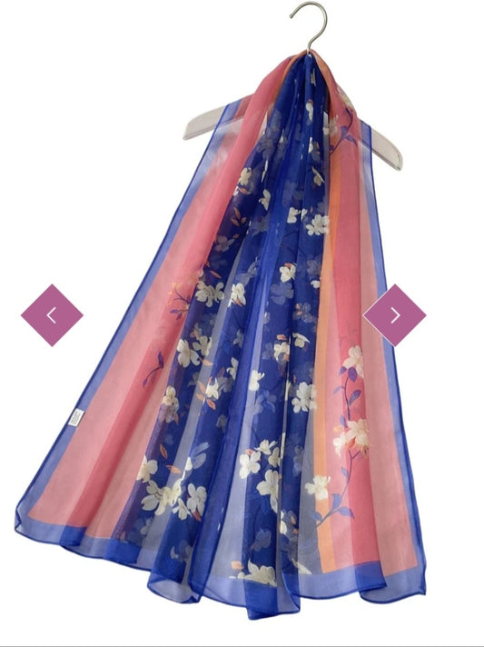 Two tone elegant floral print chiffon scarf royal blue