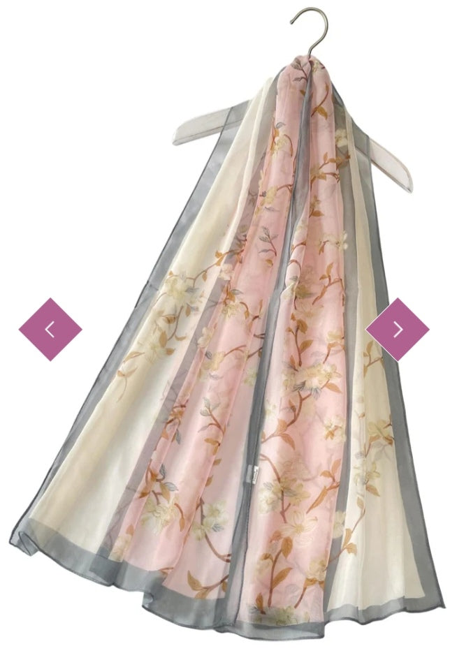 Two tone elegant floral print chiffon scarf light pink