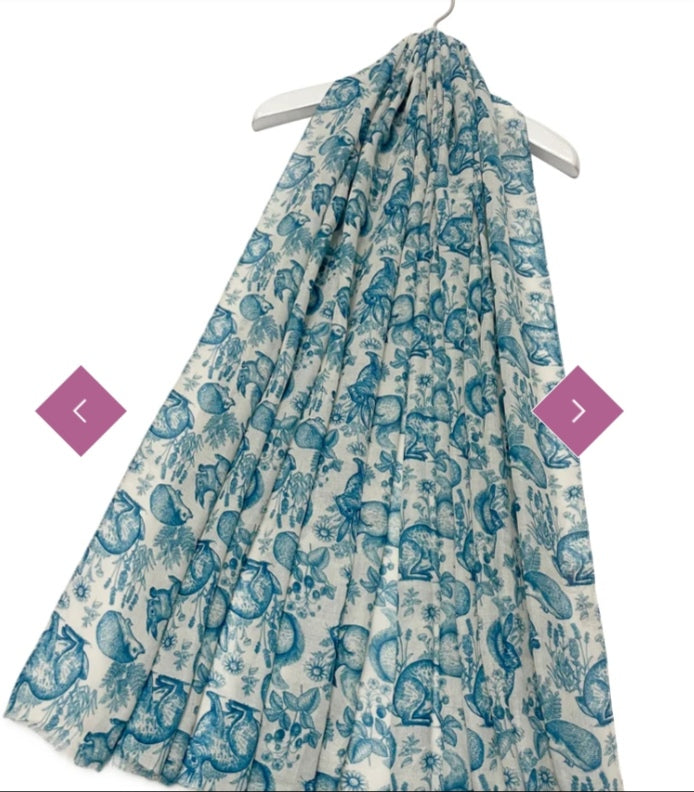 Cute woodland animal & floral print frayed scarf