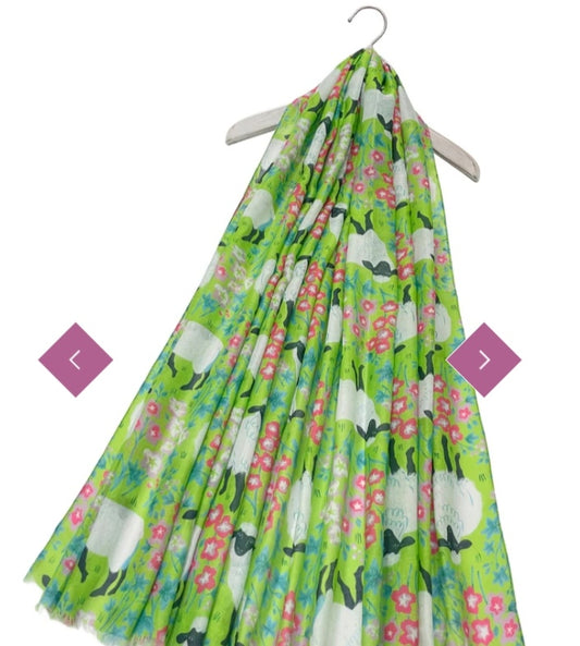 Cute sheep & spring floral print frayed scarf