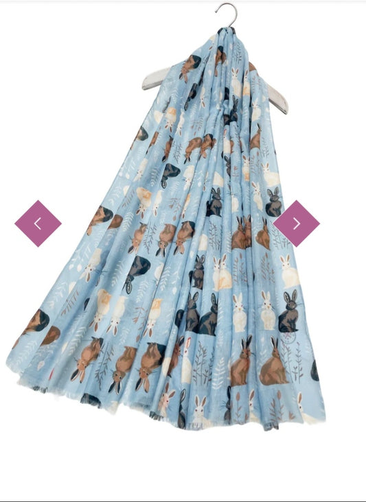 Wild bunny rabbit print frayed scarf blue