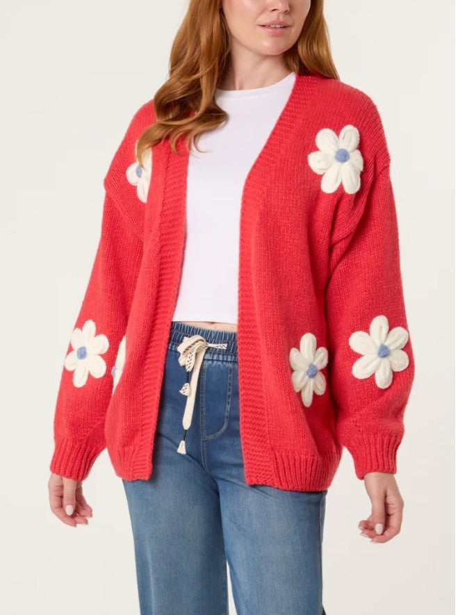 Daisy Large Flower Cardigan Coral