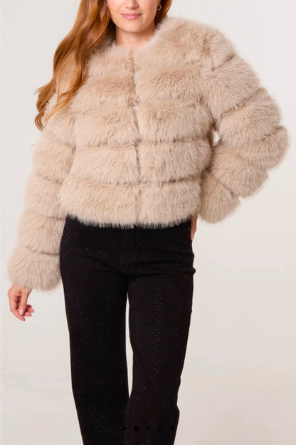 Horizontal Cream Faux Fur Cropped Jacket
