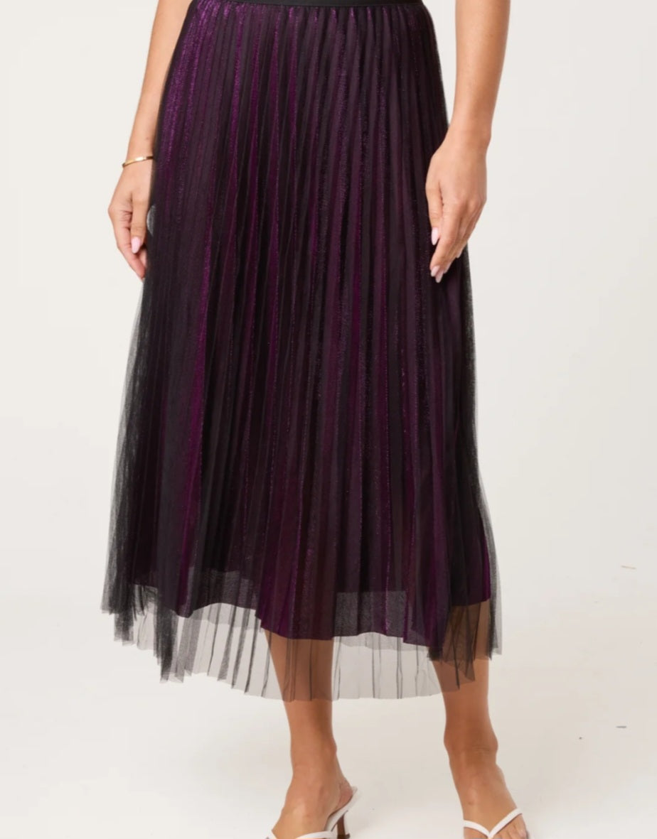 Metalic Purple Chiffon Pleated Midi Skirt