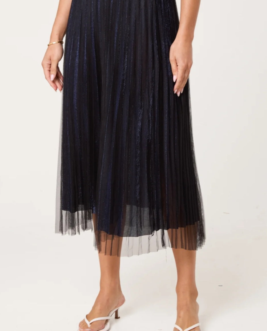 Metalic Navy Chiffon Pleated Midi Skirt