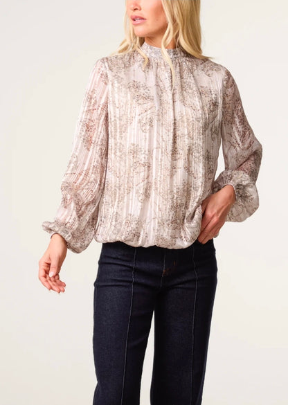 Rhinestone Butterfly Puff Ball Beige Blouse