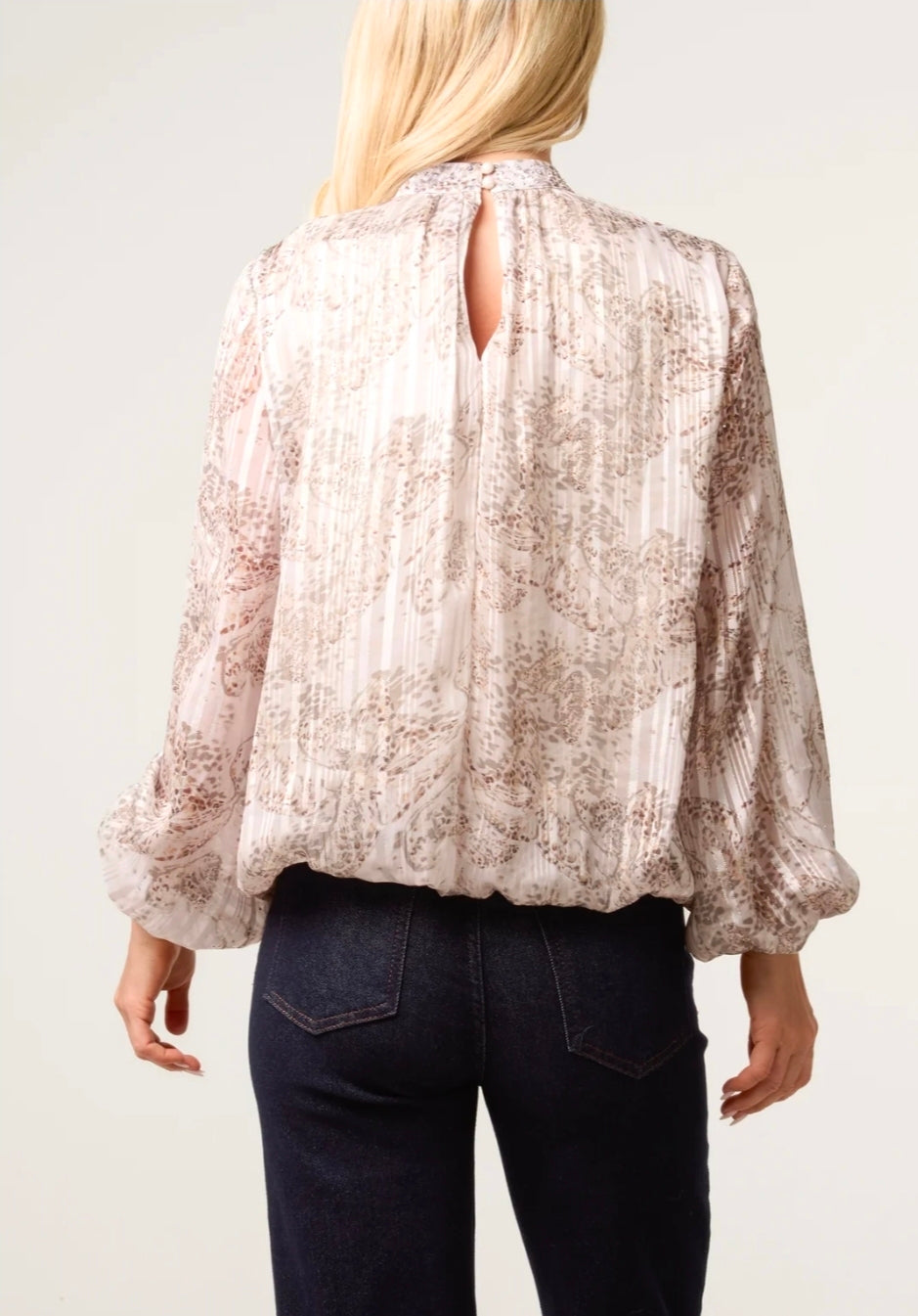 Rhinestone Butterfly Puff Ball Beige Blouse