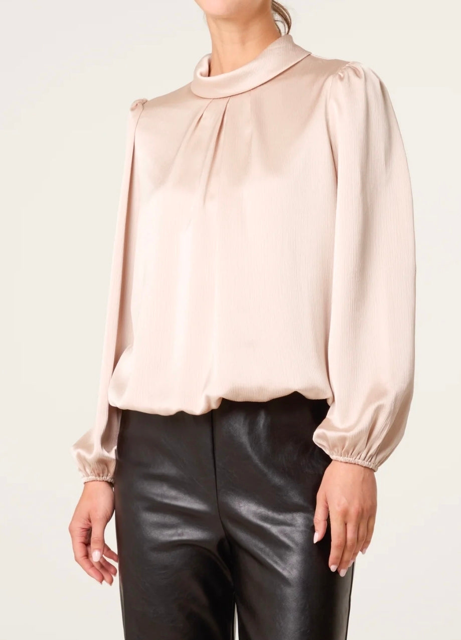 Champagne Satin Feel High Neck Puff Ball Blouse