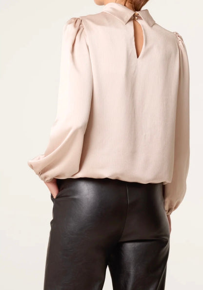 Champagne Satin Feel High Neck Puff Ball Blouse