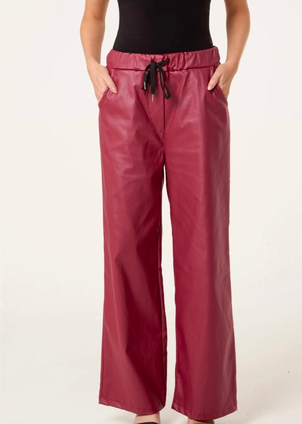 Ladies Wine PU Wide Leg Magic Trousers One Size (8-16)