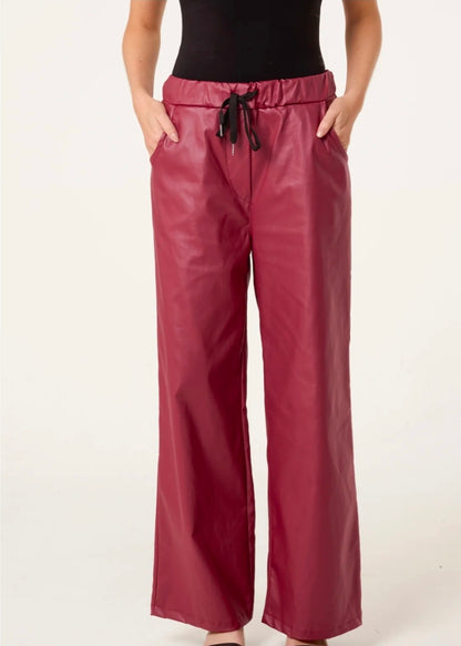 Ladies Wine PU Wide Leg Magic Trousers One Size (8-16)