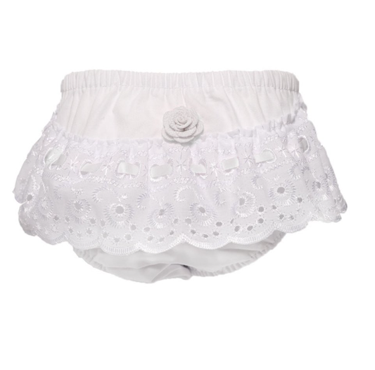 white cotton frilly pant with rose detail (0-18months)
