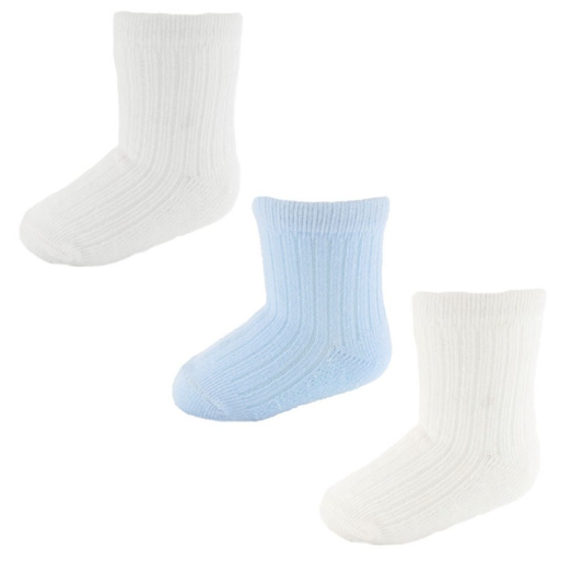 3pk boys white, cream and blue  ribbed socks with spots on the sole