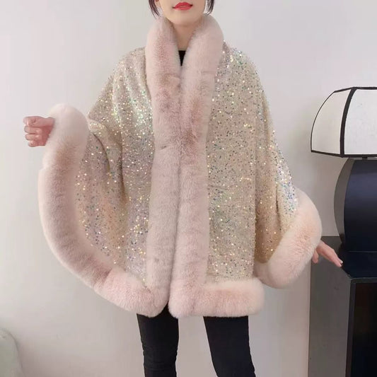 Beige Sequin Cape With Fur Trim