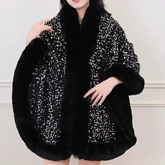 Black Sequin Cape With Fur Trim