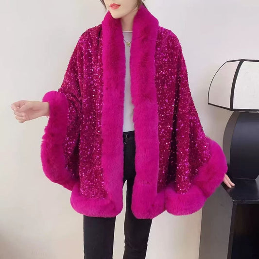 Fuchsia Sequin Cape With Fur Trim