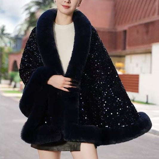 Navy Sequin Cape With Fur Trim