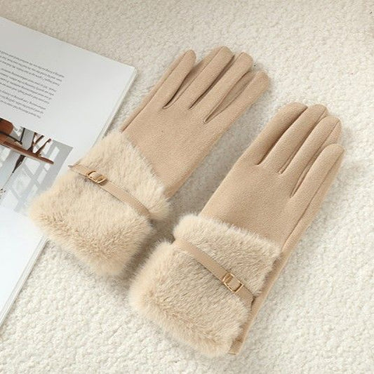 Beige Suede Gloves With Fur Trim