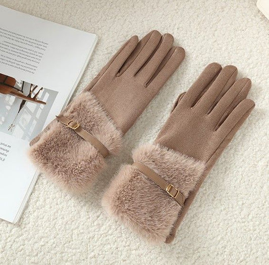 Khaki Suede Gloves With Fur Trim