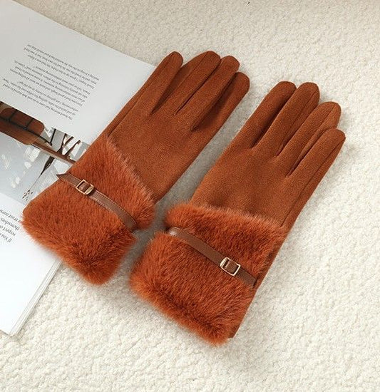 Orange Suede Gloves With Fur Trim