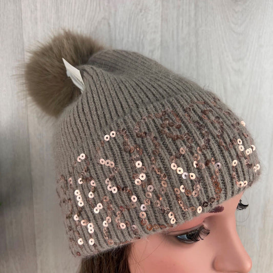Taupe Knitted Pom-Pom Hat With Sequenced Turnover