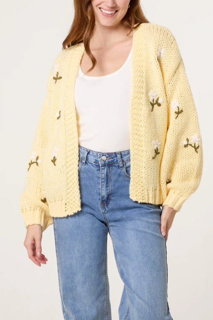 Lemon Chunky Knit Flower Embroidered Cardigan