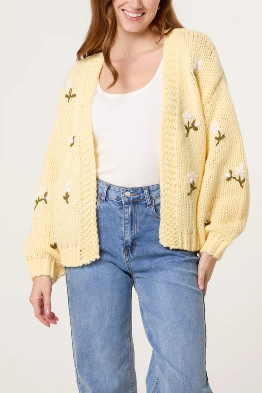 Lemon Chunky Knit Flower Embroidered Cardigan