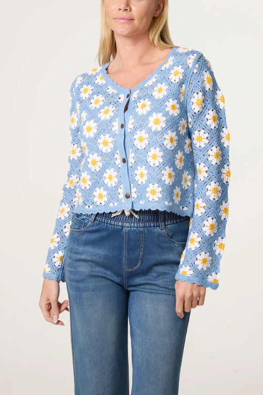 Floral Patterned Crochet Cardigan in Denim