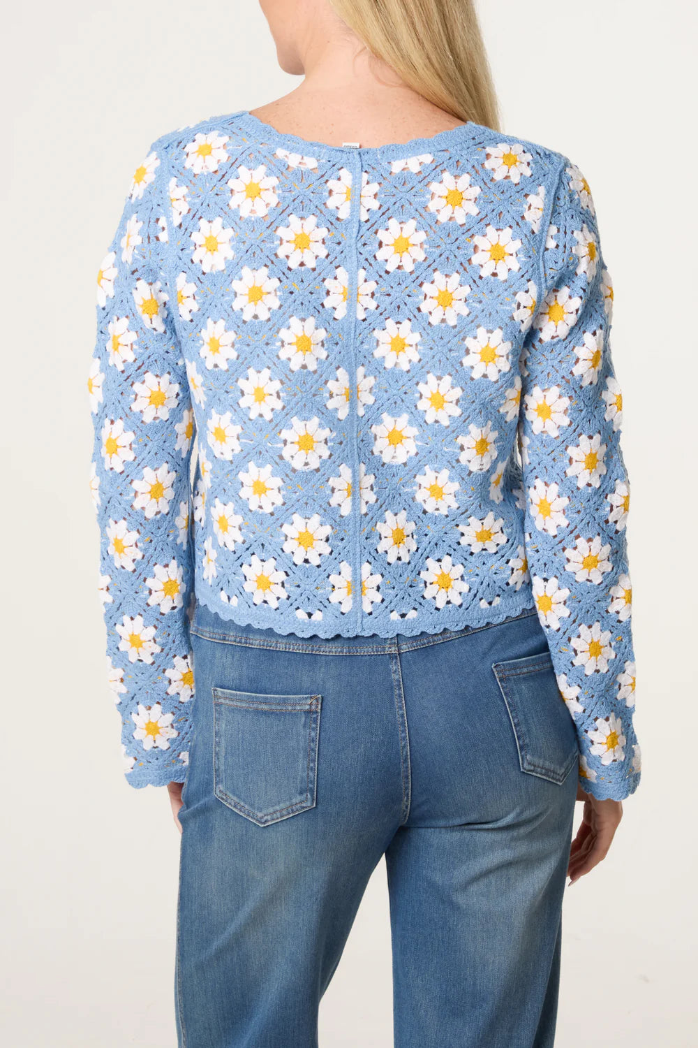 Floral Patterned Crochet Cardigan in Denim