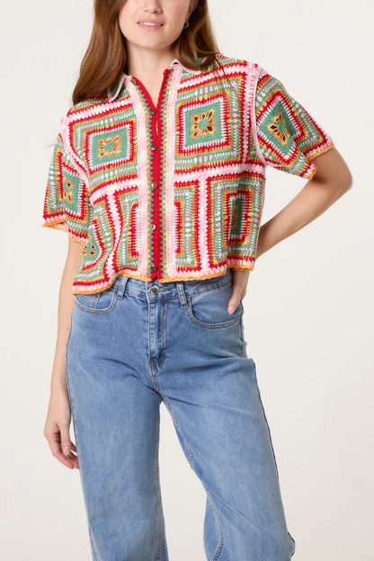 Multicoloured Geometric Crochet Cardigan