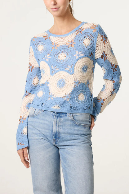 Circular Crochet Floral Patterned Top in Denim Blue