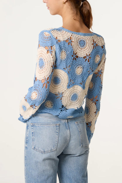 Circular Crochet Floral Patterned Top in Denim Blue