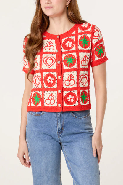 Patchwork Crochet Red Cardigan