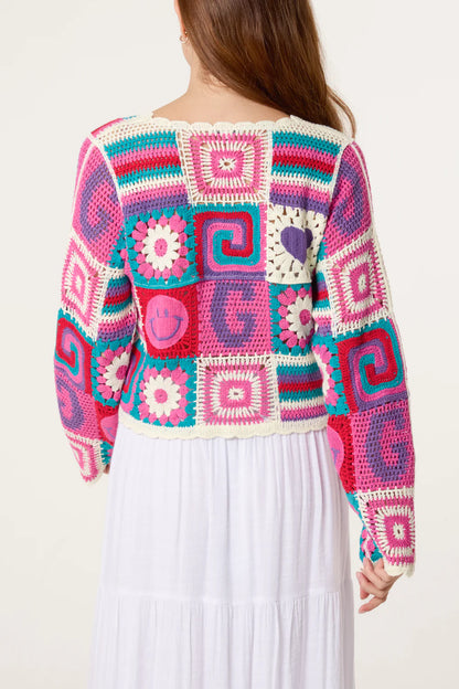 Retro Patchwork Crochet Cardigan