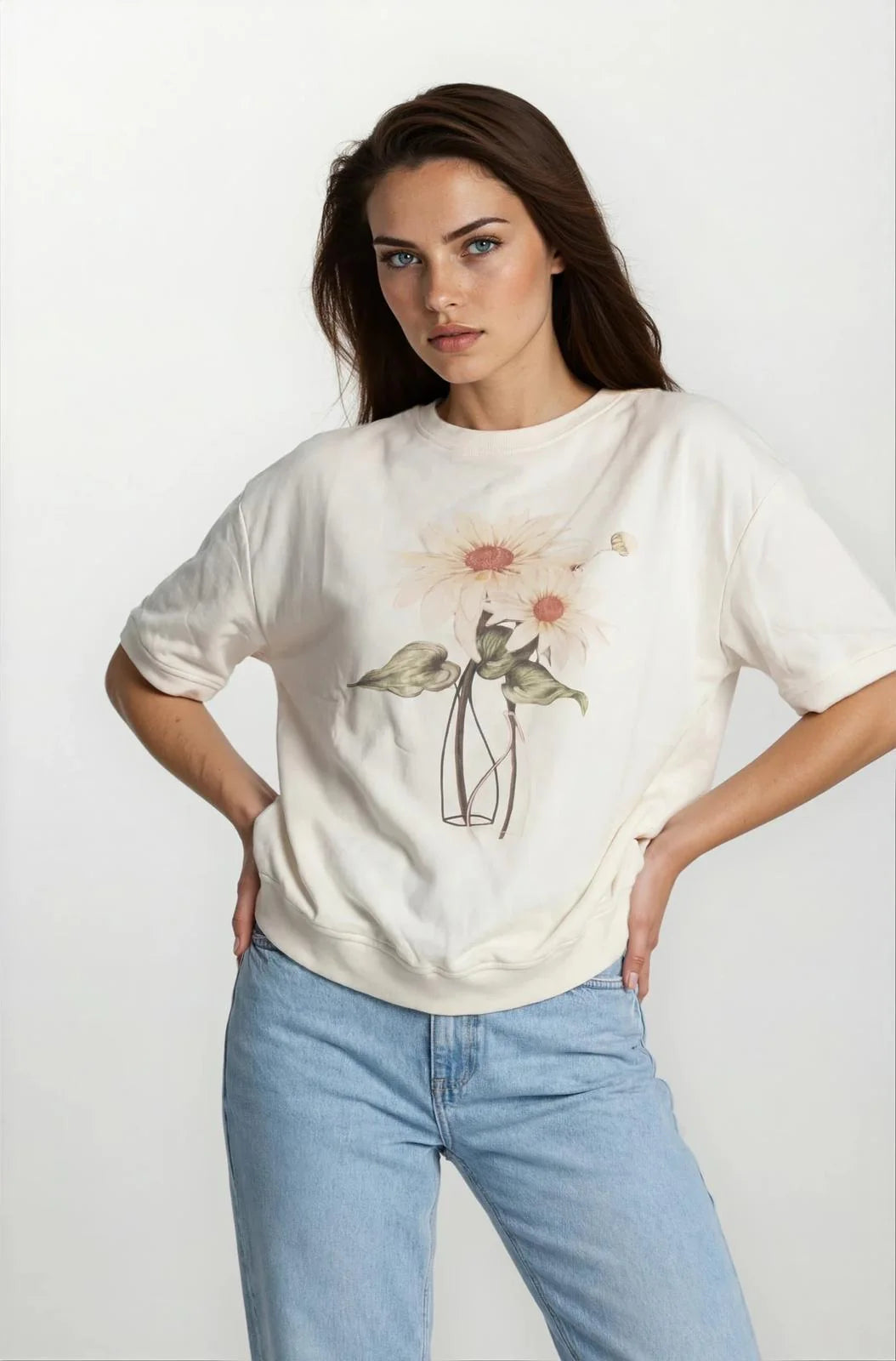 Oversized Mixed Cotton Short Sleeved Flower Print Top